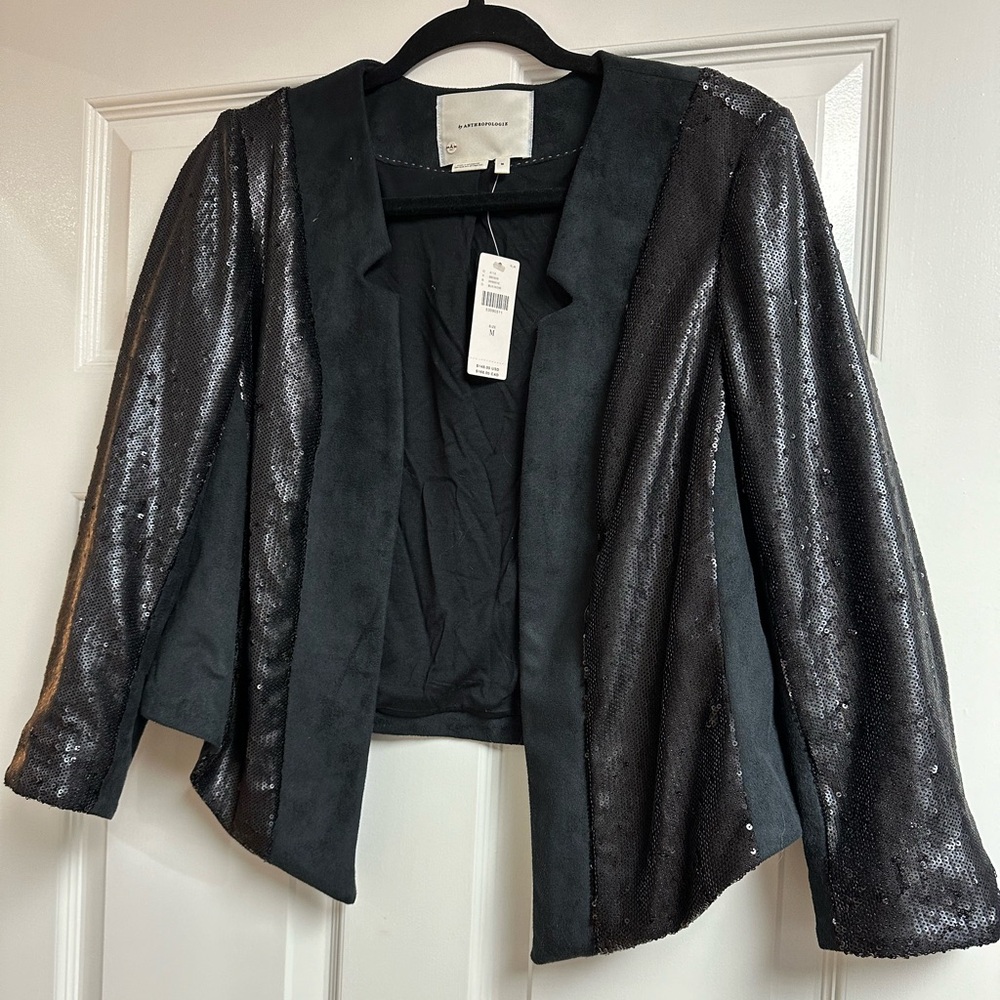 NWT - Anthropologie Black Sequin/Suede Bolero Style Jacket - Size Medium